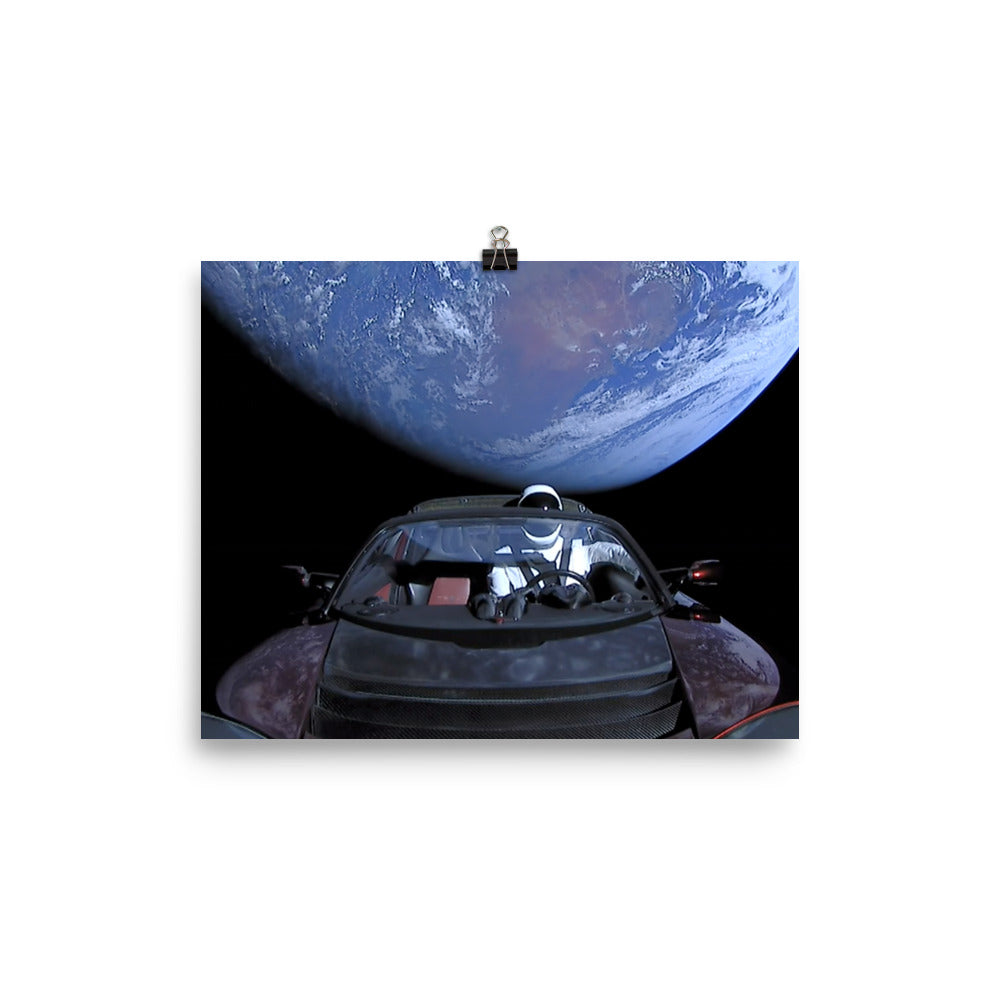 SpaceX Starman in Tesla Roadstar Leaving Earth Poster